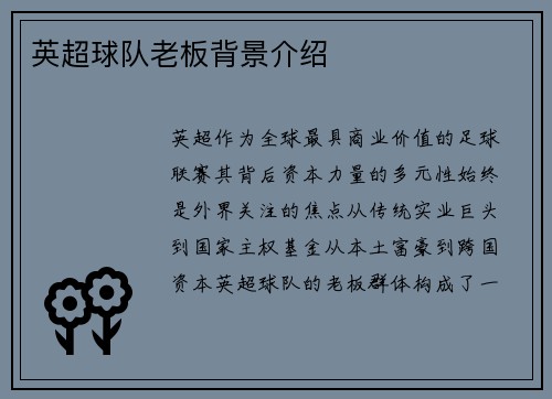 英超球队老板背景介绍